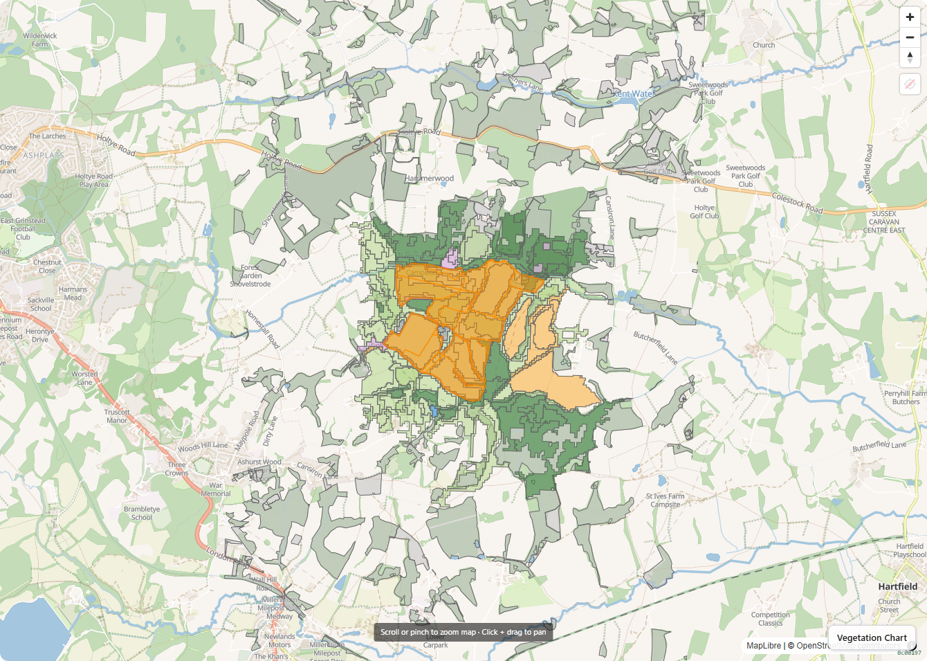 Estate boundary with Priority Habitat polygons in green and a Living England land-cover classification underneath